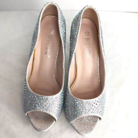 Silver Jeweled Chunky Heels Size 6.5 Wedding Bridal Bling De Blossom Fay 3 - Picture 2 of 8